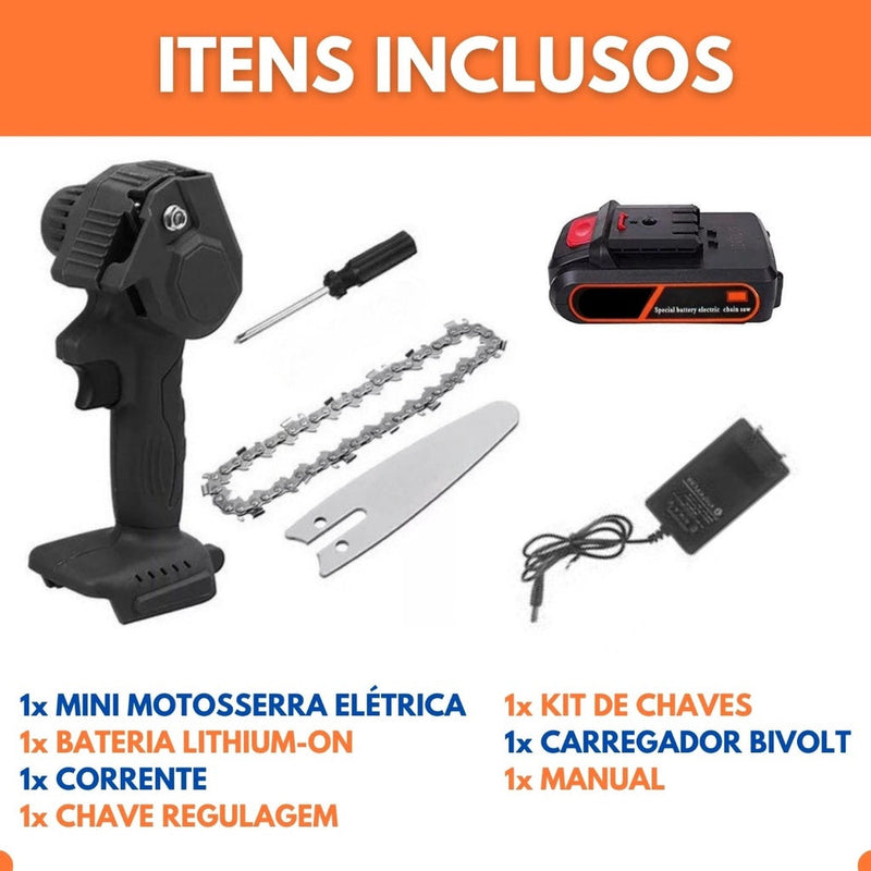 Mini Motoserra Elétrica a Bateria (+1 BATERIA E MALETA DE BRINDE)