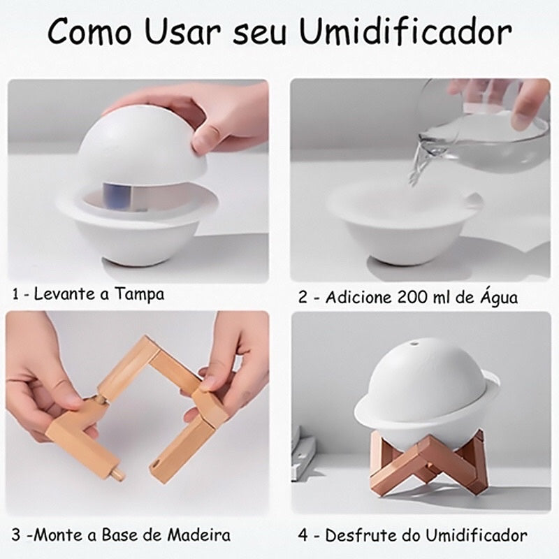 Umidificador Aromatizador Luminária Abajur Lua planeta 3d 200ml - Tora Design