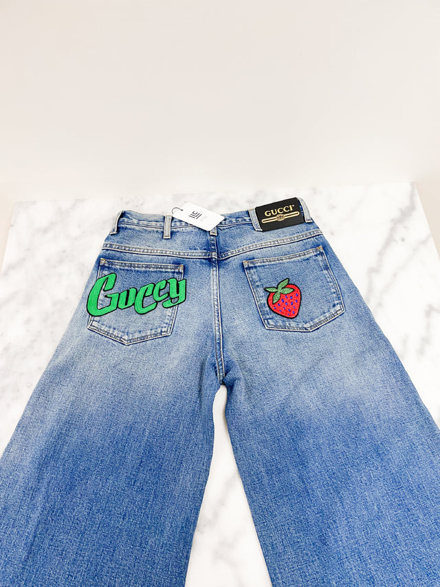 Calça Gucci Cropped Jeans Strawberry Guccy Tam.PP