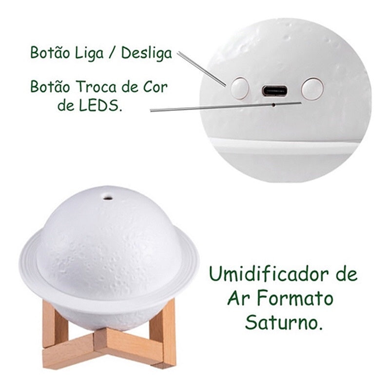 Umidificador Aromatizador Luminária Abajur Lua planeta 3d 200ml - Tora Design