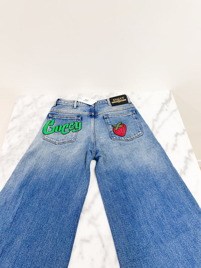 Calça Gucci Cropped Jeans Strawberry Guccy Tam.PP